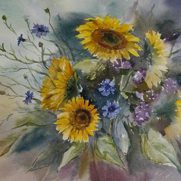 Saulespuķes, akvarelis / papīrs, 65 x 50 cm, 160 eiro