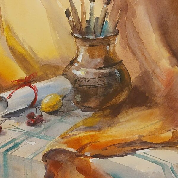 Klusā daba ar dzeltenajiem aizkariem, akvarelis / kokvilnas papīrs, 35x25 cm, 90 eiro