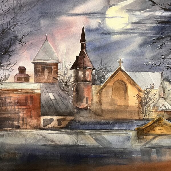 Moonlight abowe Jaunliepaja, watercolor / paper, 40x30 cm, framed 50x40 cm,, 130 euro