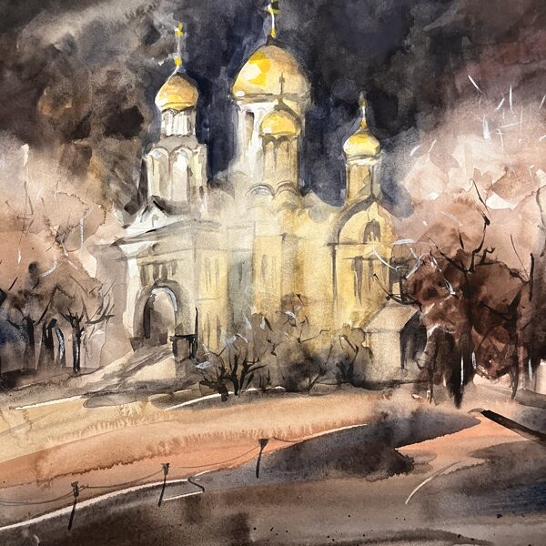 Karosta Cathedral in moonlight, watercolor / paper, 40x30 cm, framed 50x40 cm,, 130 euro