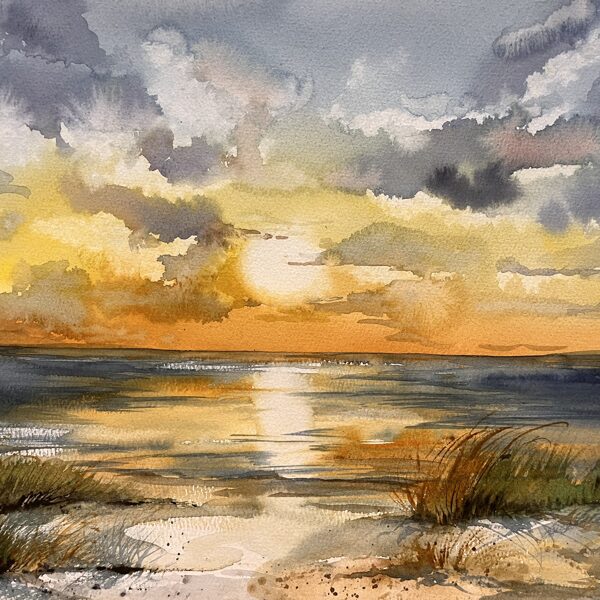 Liepaja Sunset, watercolor / paper, 40x30 cm, framed 50x40 cm,, 130 euro
