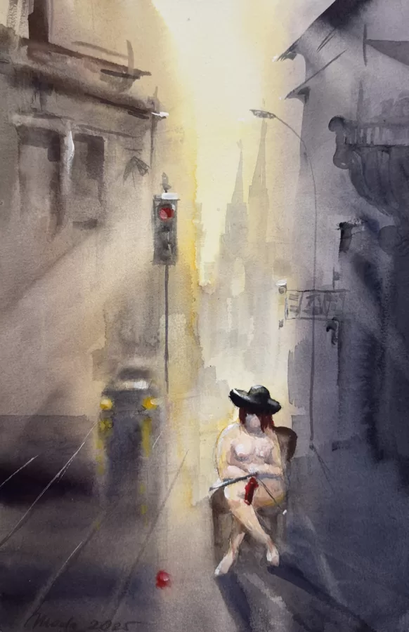 A knitter, watercolor / cotton paper, 36 x 24 cm, 100 euro