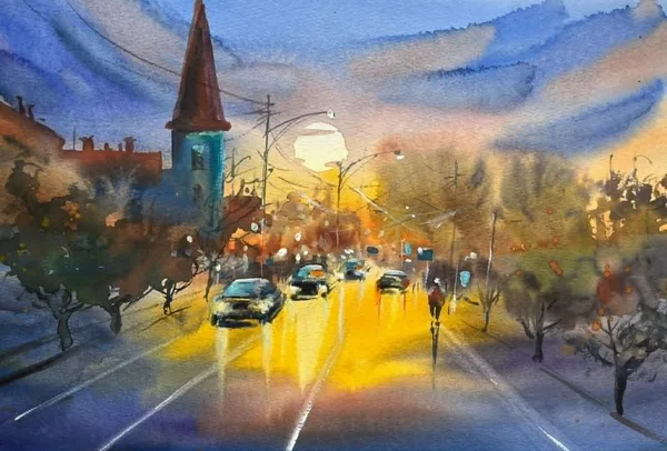 Evening lights, watercolor / paper, 35x25 cm, framed 42x32, 60 euro