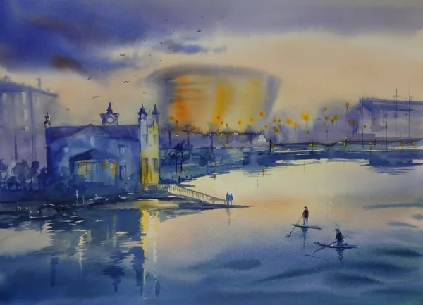 Warm evening in Liepaja, watercolor / paper, 63x48 cm, framed 82x62 cm,, 160 euro