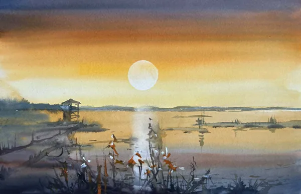 Sunrise abowe the lake, watercolor / paper, 35x25 cm,&nbsp; framed&nbsp;42x32,&nbsp;60 euro

