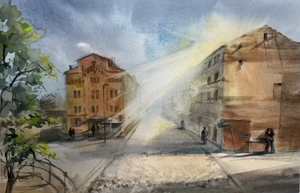Kaiju Street, watercolor / paper, 37x25 cm, 50 euro unframed