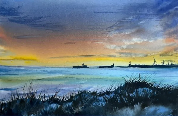 Sunset in dunes, watercolor / paper, 35x25 cm,&nbsp; framed 42x32, 60 euro