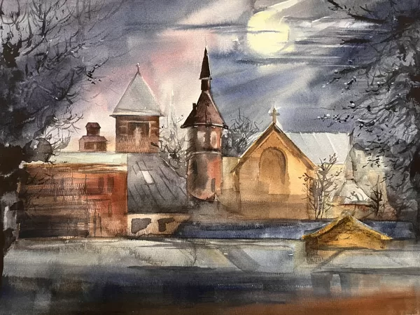 Moonlight abowe Jaunliepaja, watercolor / paper, 40x30 cm, framed 50x40 cm,, 130 euro