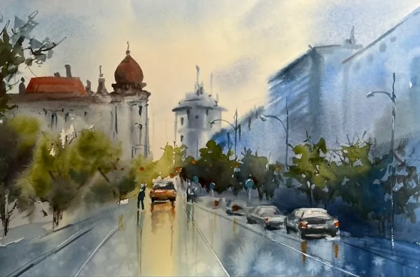Rainy day, watercolor / paper, 35x25 cm,&nbsp; framed 42x32, 60 euro