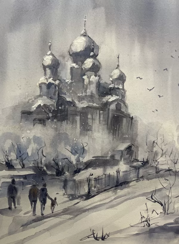 Karosta Cathedral in deep winter, watercolor / paper, 40x30 cm, framed 50x40 cm,, 130 euro
