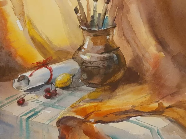 Still life with yellow curtain, watercolor / cotton paper, 35x25 cm, 90 euro